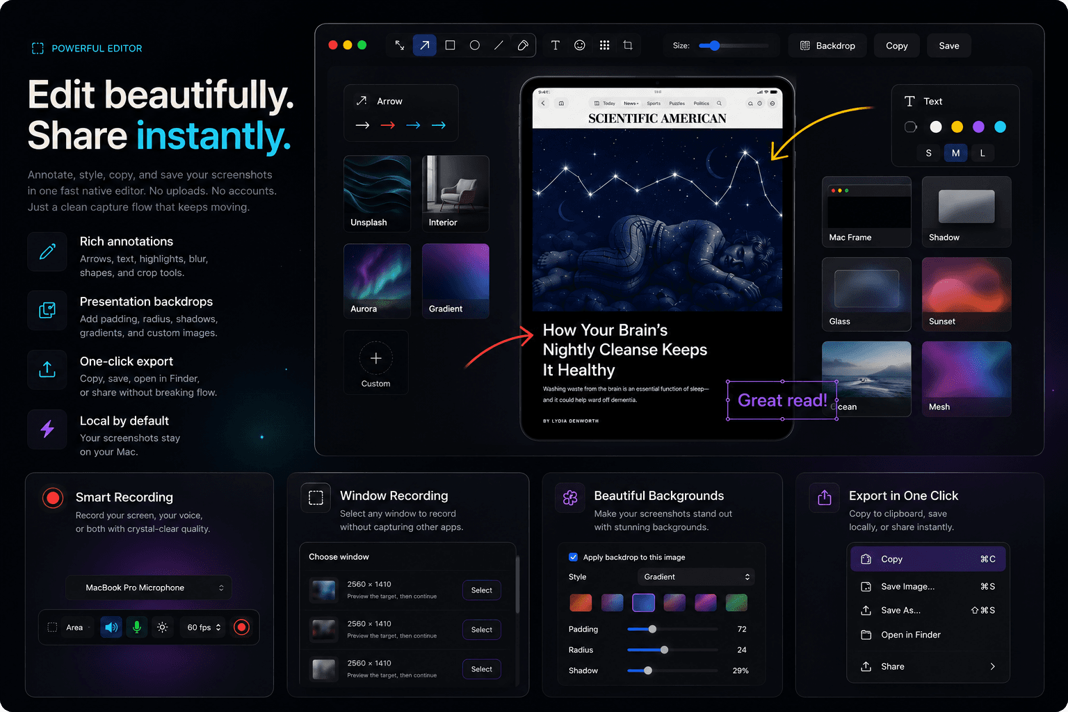 Shotnix annotation editor showing markup tools, backdrop options, recording panels, and export controls