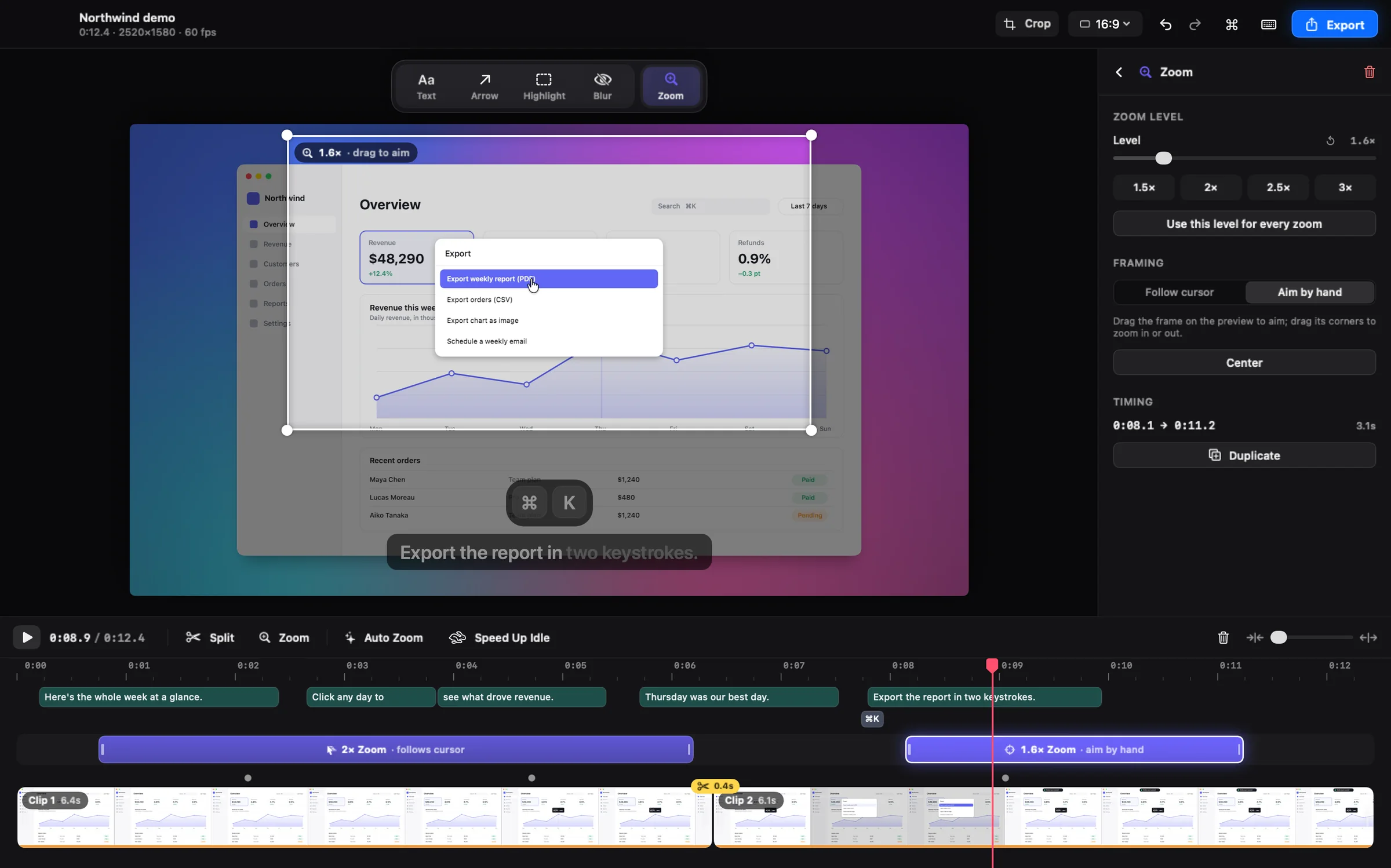 Un zoom 1,6× visé à la main dans l’éditeur Shotnix, avec des blocs de zoom sur la timeline