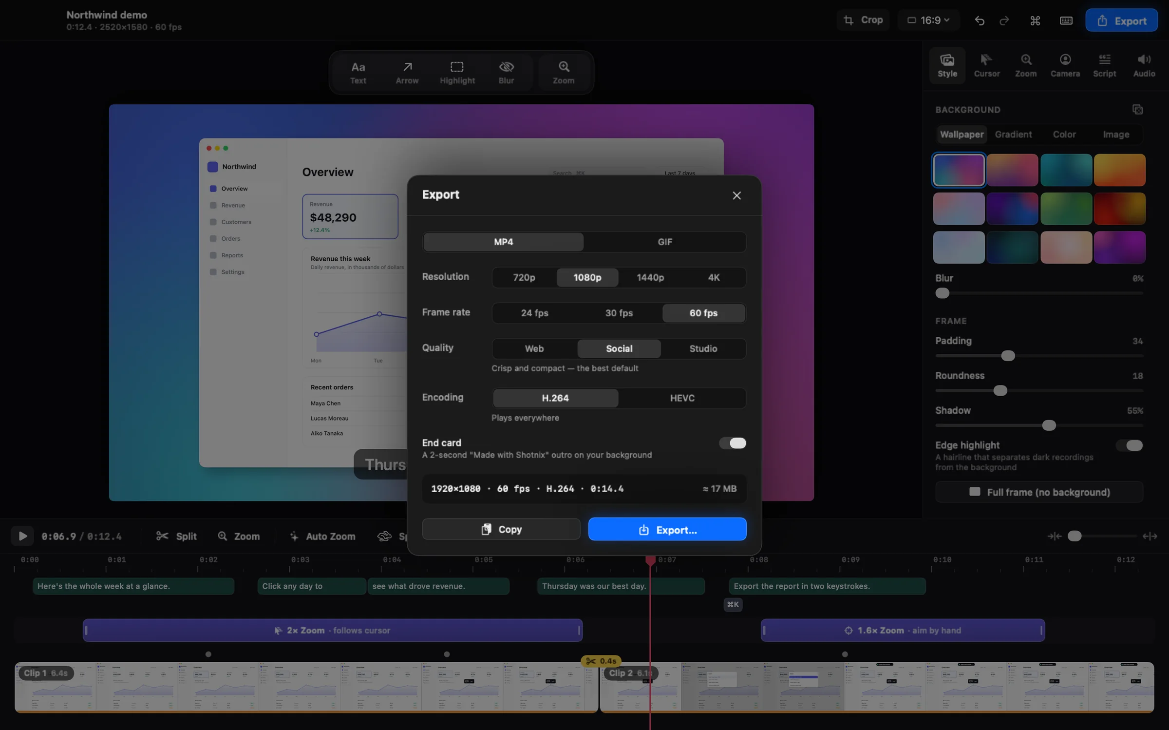 La fenêtre d’export de Shotnix avec les formats MP4 et GIF, la résolution, la fréquence d’images, la qualité et une estimation de la taille du fichier